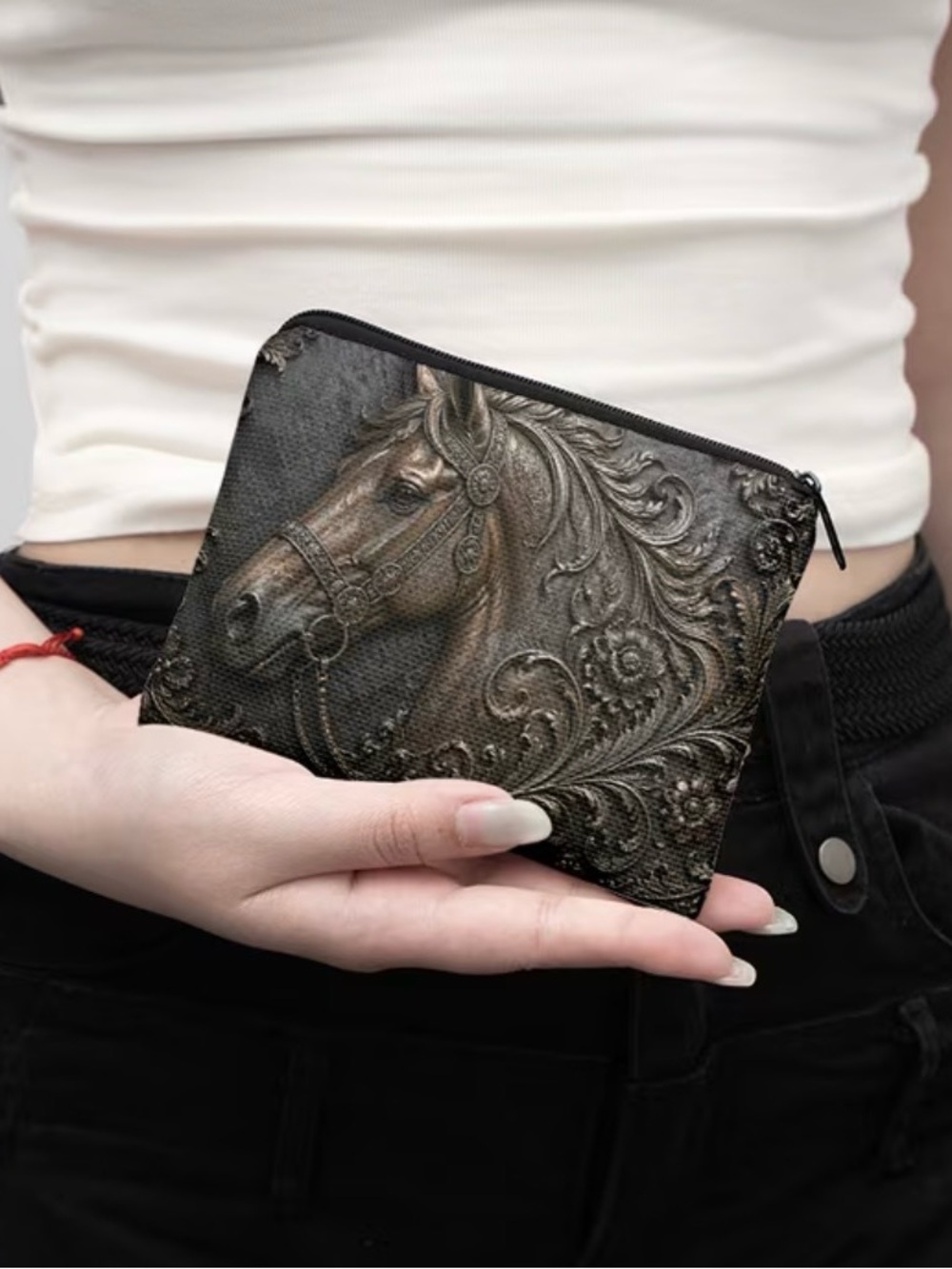 Vintage Horse Embossed Zip Pouch - Black/Bronze (smooth not raised)